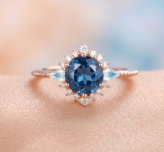 Elegant Round Blue Topaz and Pear Moonstone Ring for Women, Sterling Silver Anniversary Gift Jewelry Hover Image