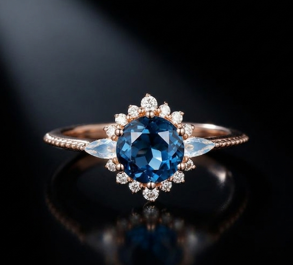 Elegant Round Blue Topaz and Pear Moonstone Ring for Women, Sterling Silver Anniversary Gift Jewelry