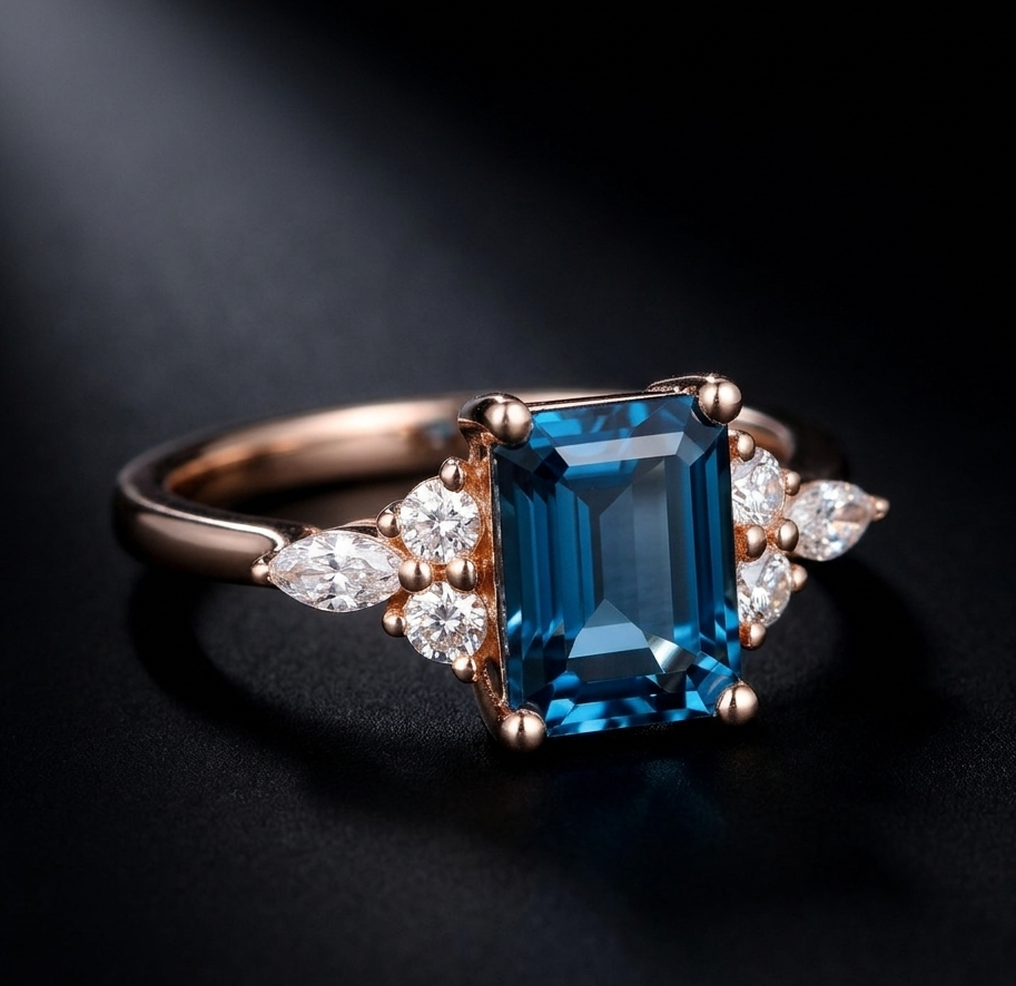 Natural London Blue Topaz and Moissanite Engagement Ring for Her, Elegant Sterling Silver Jewelry