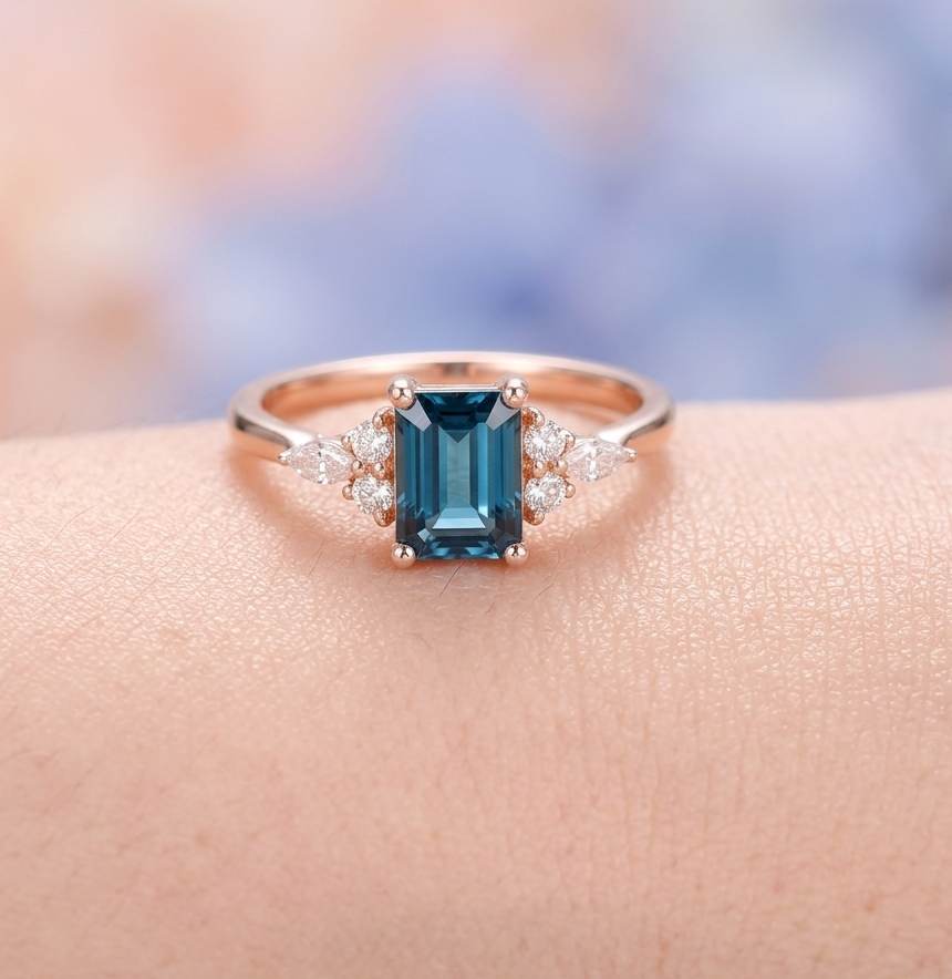 Natural London Blue Topaz and Moissanite Engagement Ring for Her, Elegant Sterling Silver Jewelry
