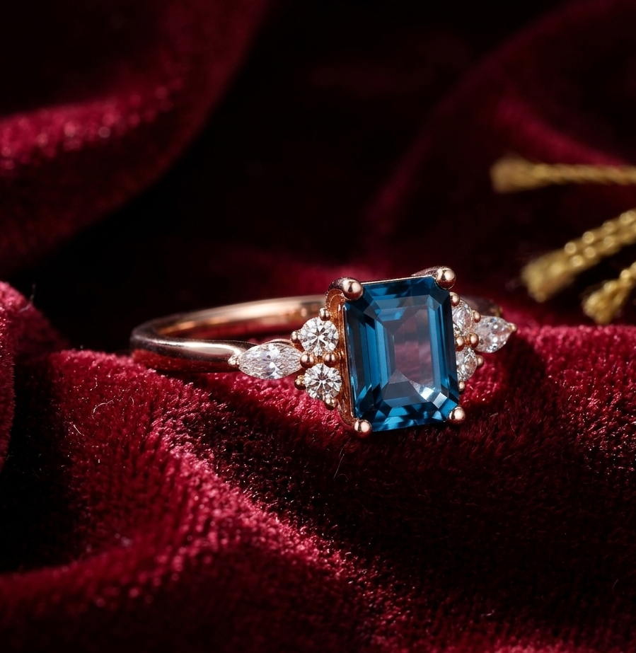 Natural London Blue Topaz and Moissanite Engagement Ring for Her, Elegant Sterling Silver Jewelry