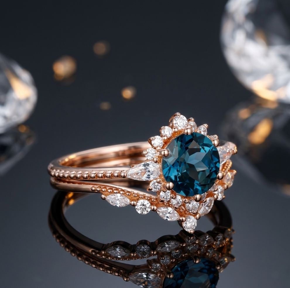 Natural London Blue Topaz and Moissanite Engagement Ring for Her, Elegant Bridal Jewelry Gift