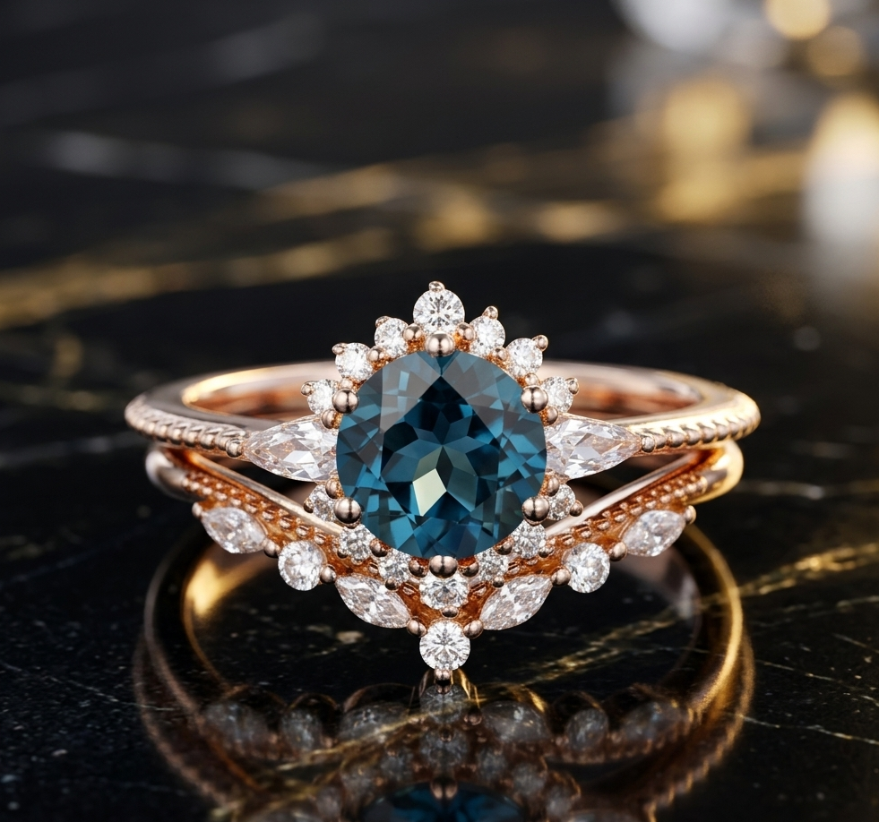 Natural London Blue Topaz and Moissanite Engagement Ring for Her, Elegant Bridal Jewelry Gift