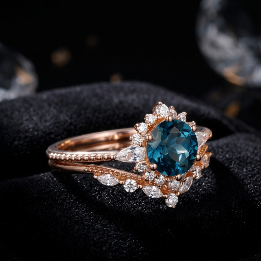 Natural London Blue Topaz and Moissanite Engagement Ring for Her, Elegant Bridal Jewelry Gift