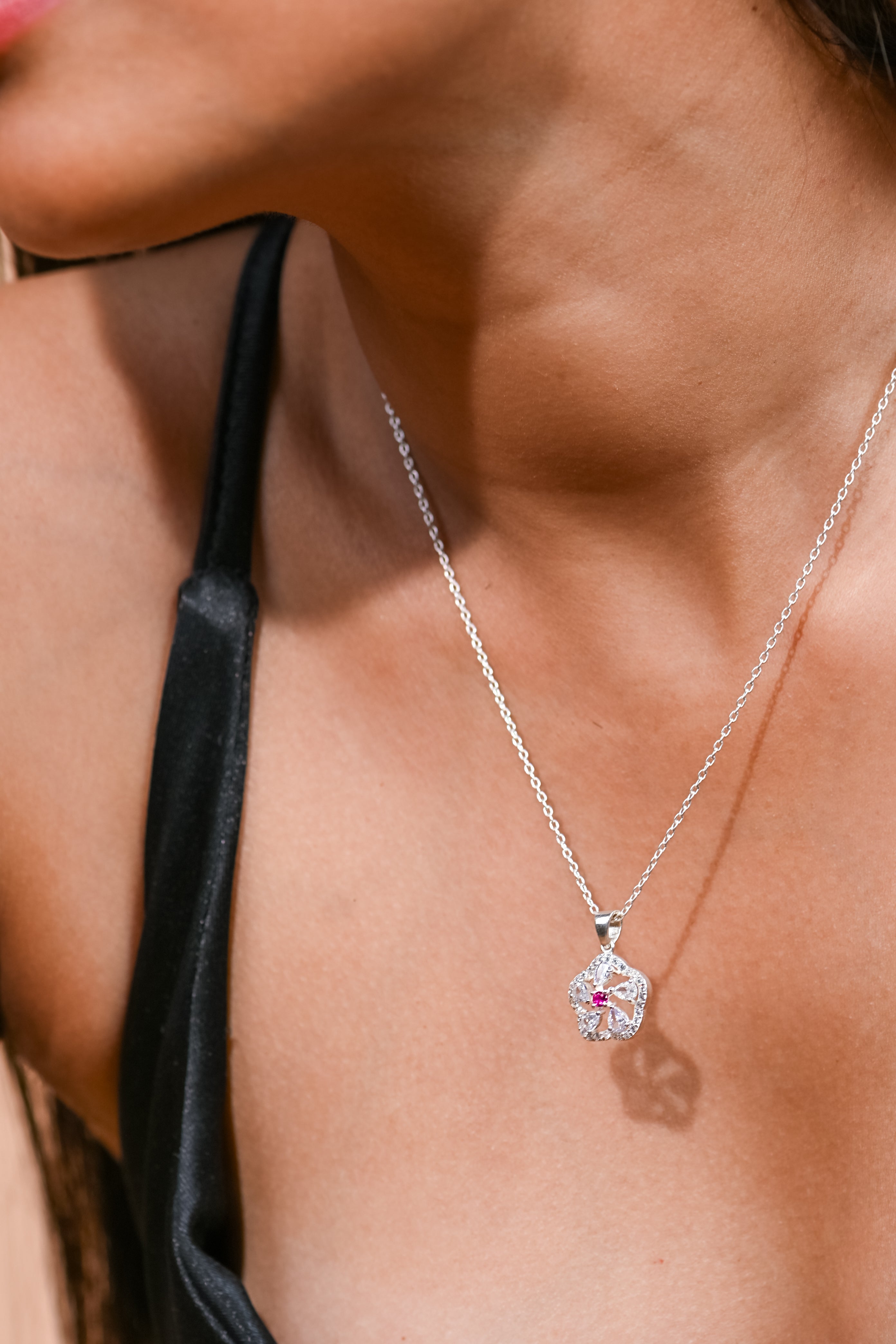 Elegant Moissanite and Ruby Clover Pendant for Her, Lucky Charm Luxury Sparkle Gift