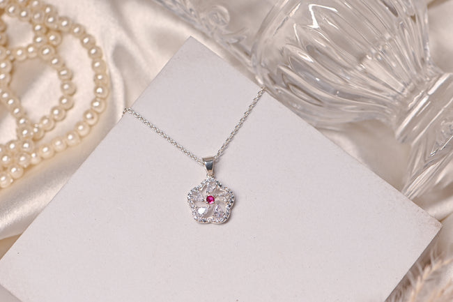 Elegant Moissanite and Ruby Clover Pendant for Her, Lucky Charm Luxury Sparkle Gift Hover Image