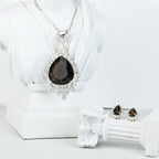 Pear Shape Natural Smoky Quartz Pendant and Earrings Set for Her, Antique Inspired Vintage Jewelry Elegance