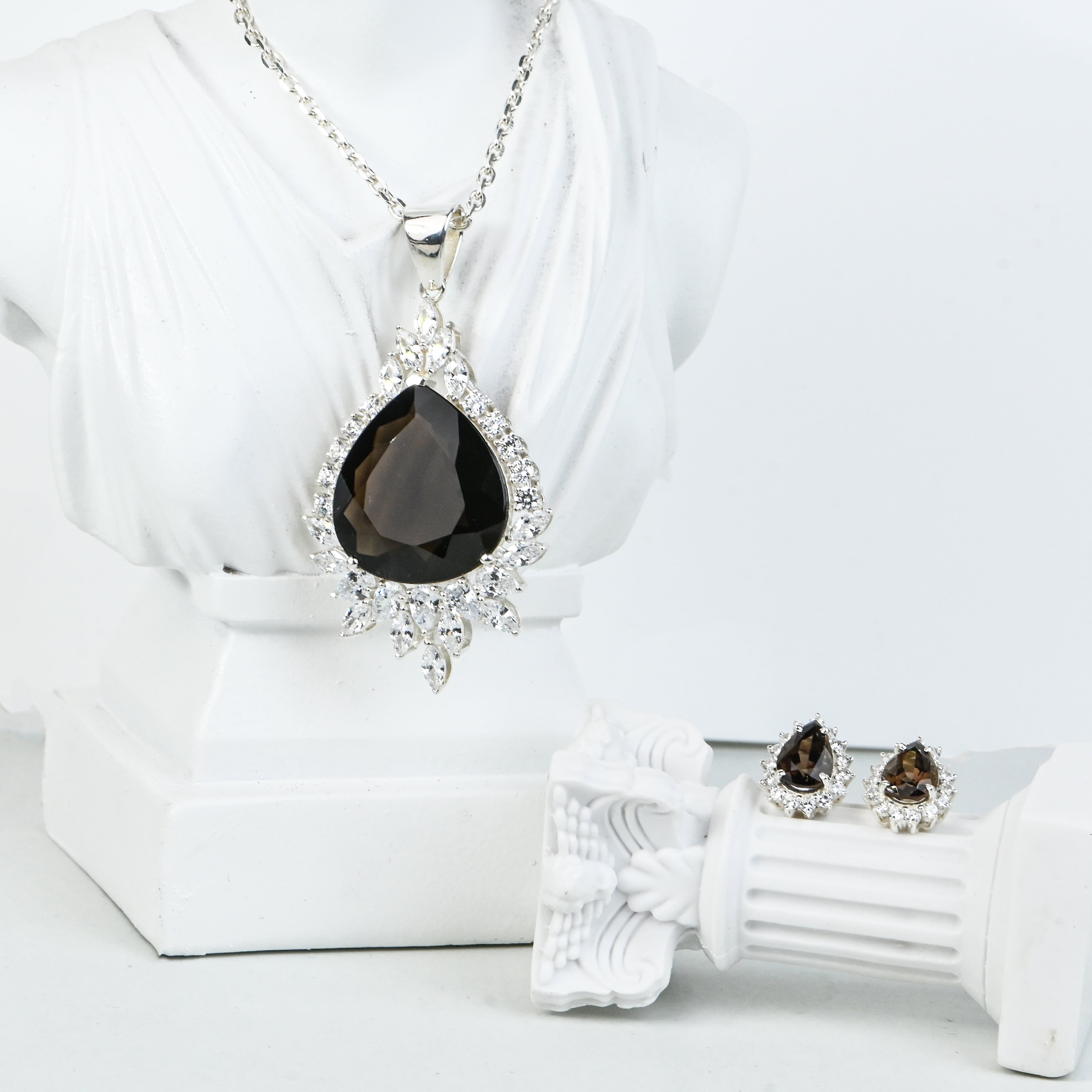 Pear Shape Natural Smoky Quartz Pendant and Earrings Set for Her, Antique Inspired Vintage Jewelry Elegance