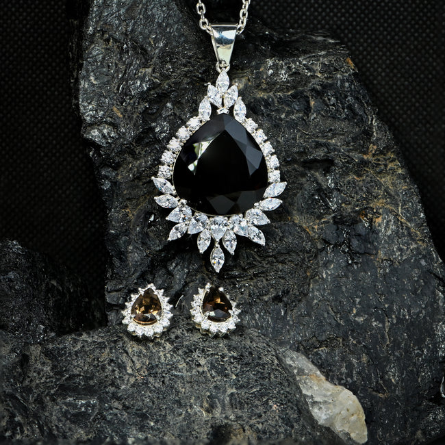 Pear Shape Natural Smoky Quartz Pendant and Earrings Set for Her, Antique Inspired Vintage Jewelry Elegance Main Image