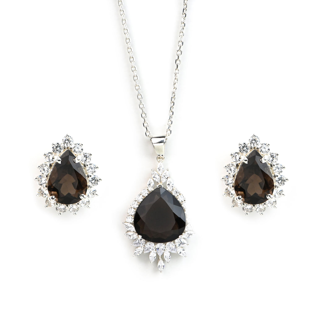 Pear Shape Natural Smoky Quartz Pendant and Earrings Set for Her, Antique Inspired Vintage Jewelry Elegance