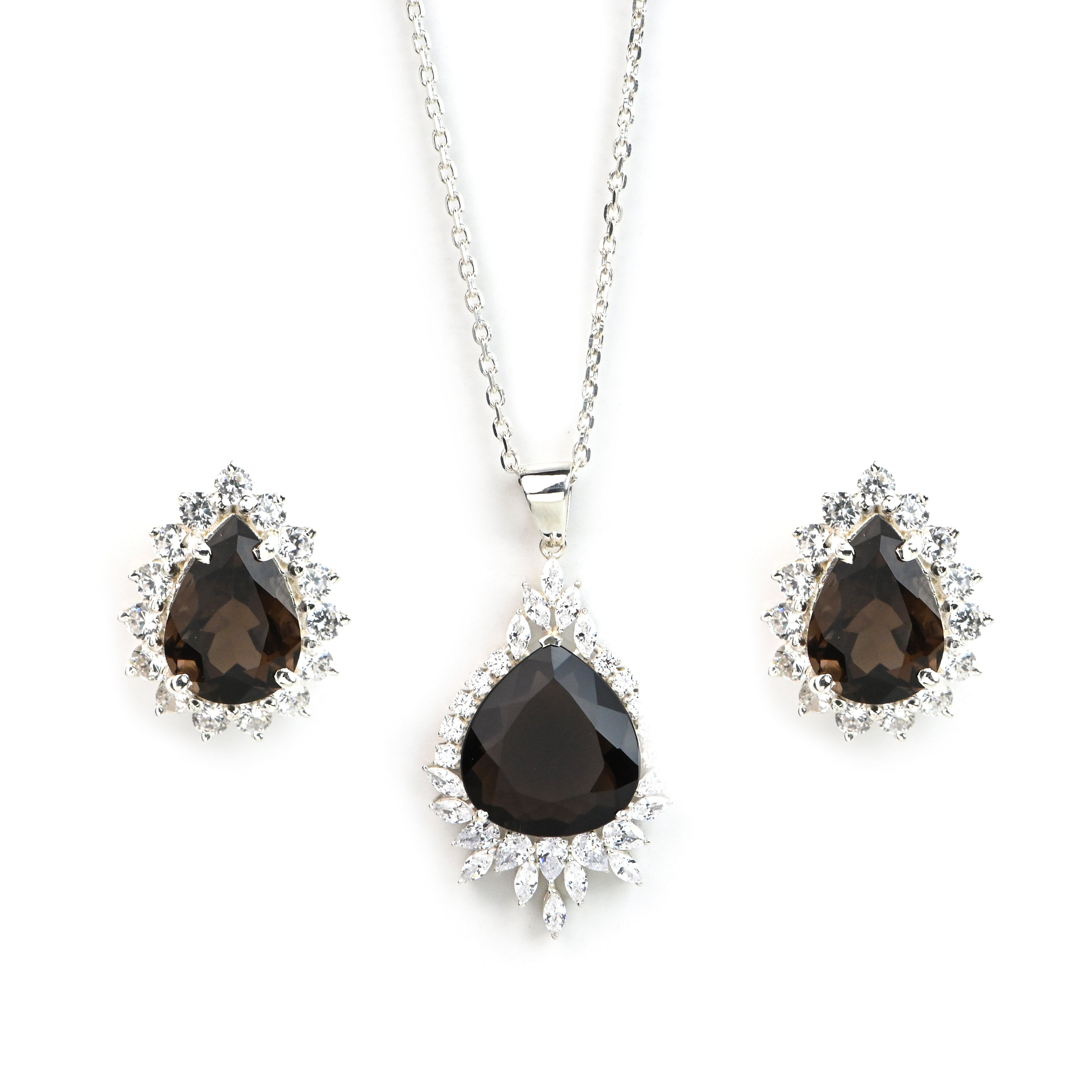 Pear Shape Natural Smoky Quartz Pendant and Earrings Set for Her, Antique Inspired Vintage Jewelry Elegance