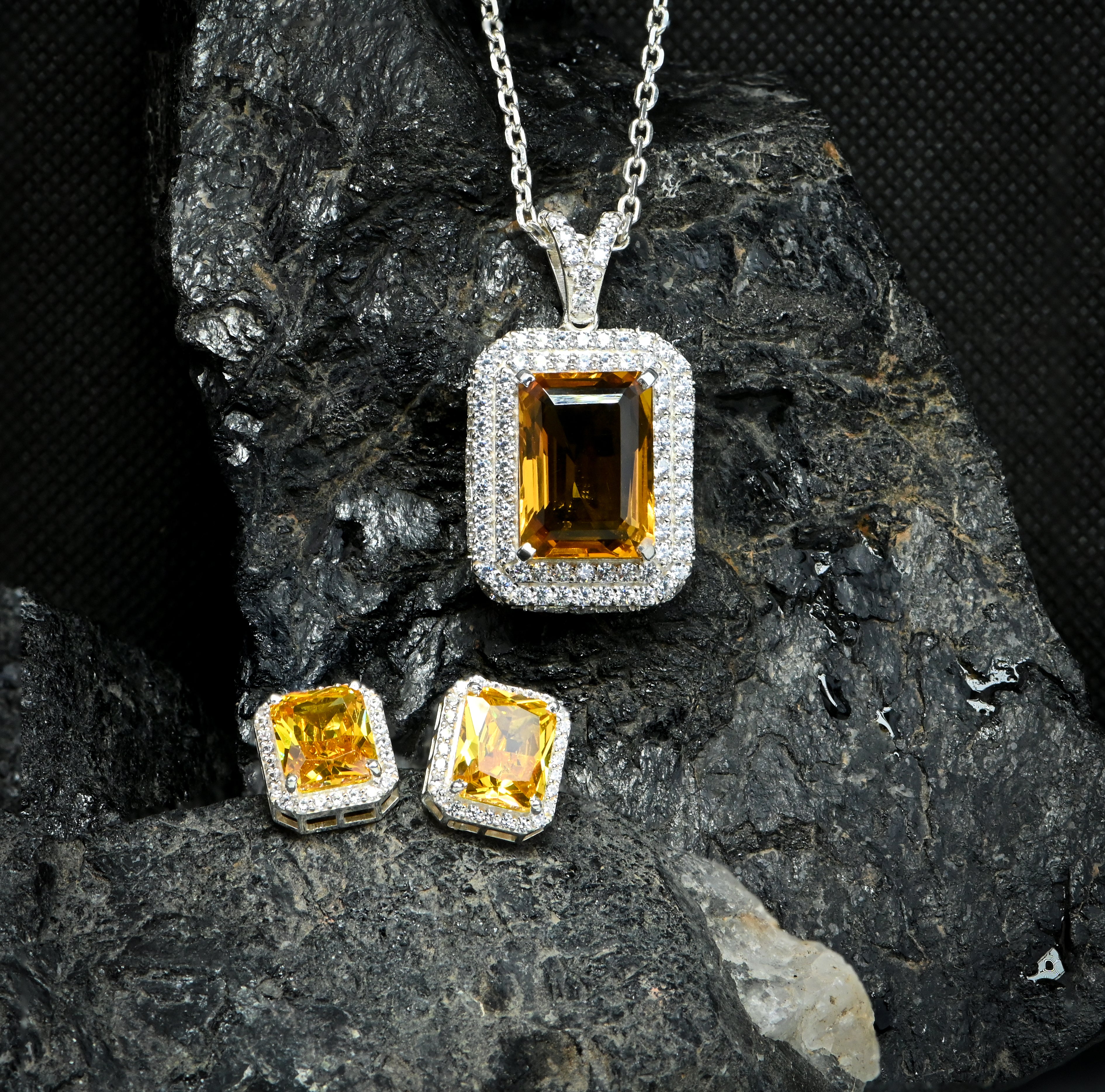 Natural Citrine and Moissanite Pendant and Earrings Set for Her, Elegant Gemstone Jewelry Gift for Women