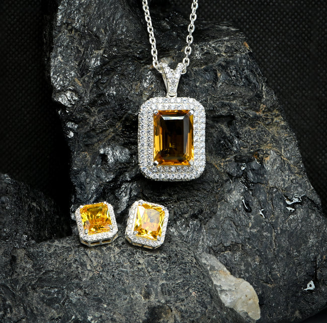 Natural Citrine and Moissanite Pendant and Earrings Set for Her, Elegant Gemstone Jewelry Gift for Women Main Image