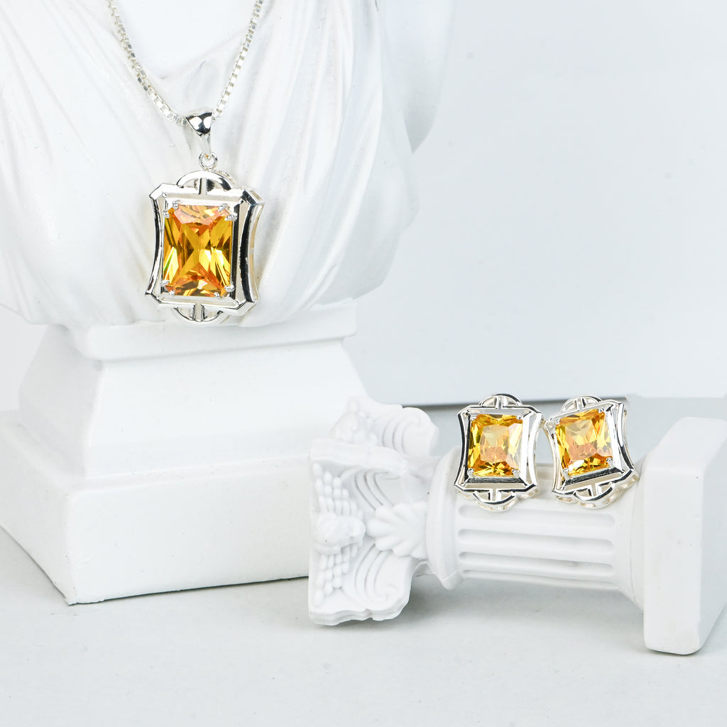 Radiant Cut Citrine Cubic Zirconia Pendant and Earrings Set for Her, Elegant Jewelry Gift