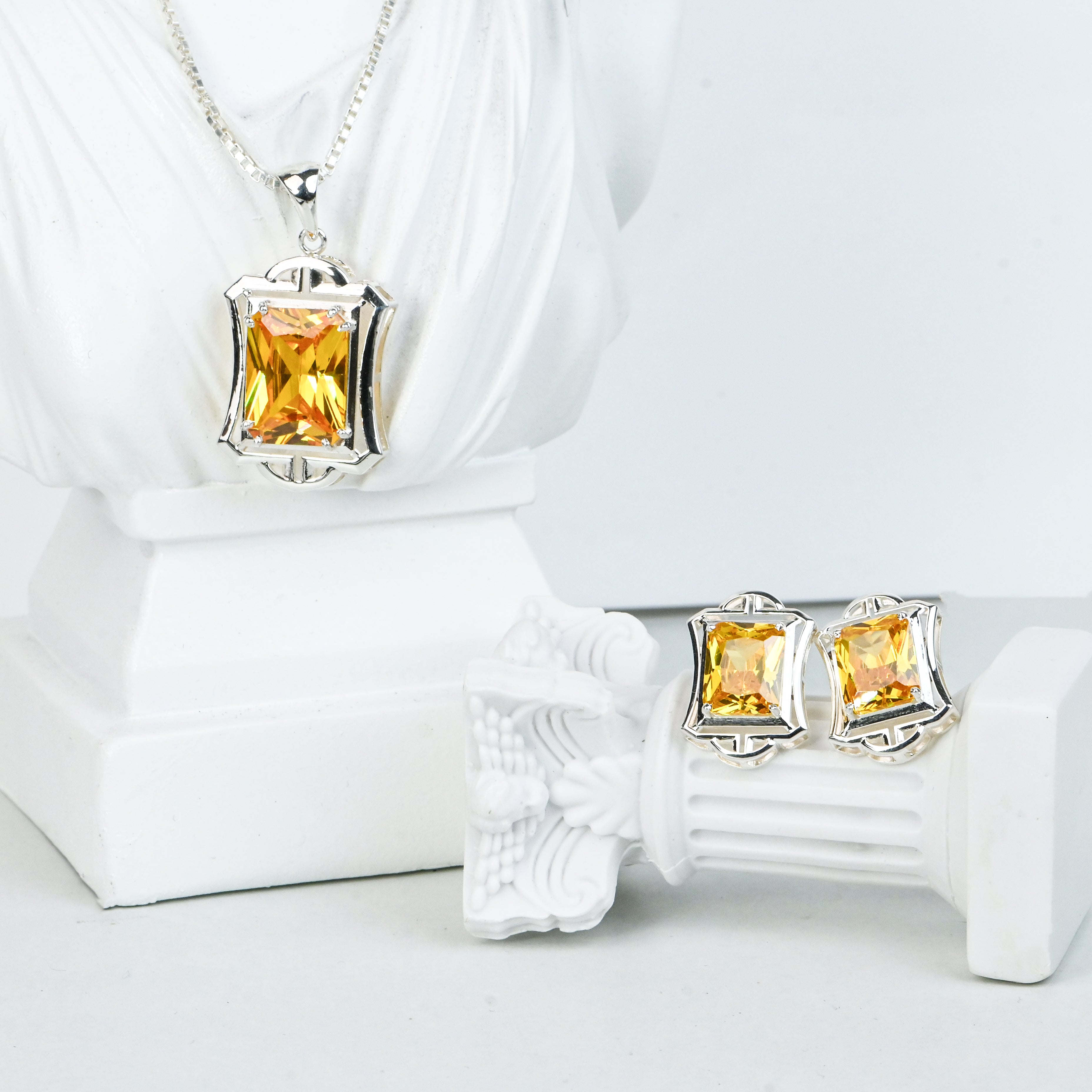 Radiant Cut Citrine Cubic Zirconia Pendant and Earrings Set for Her, Elegant Jewelry Gift