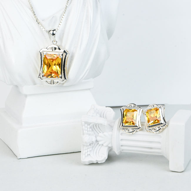 Radiant Cut Citrine Cubic Zirconia Pendant and Earrings Set for Her, Elegant Jewelry Gift Hover Image
