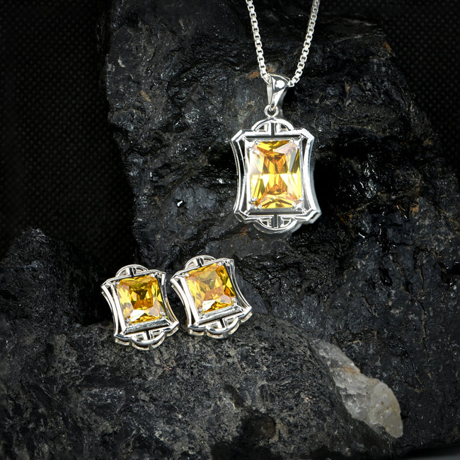 Radiant Cut Citrine Cubic Zirconia Pendant and Earrings Set for Her, Elegant Jewelry Gift Main Image