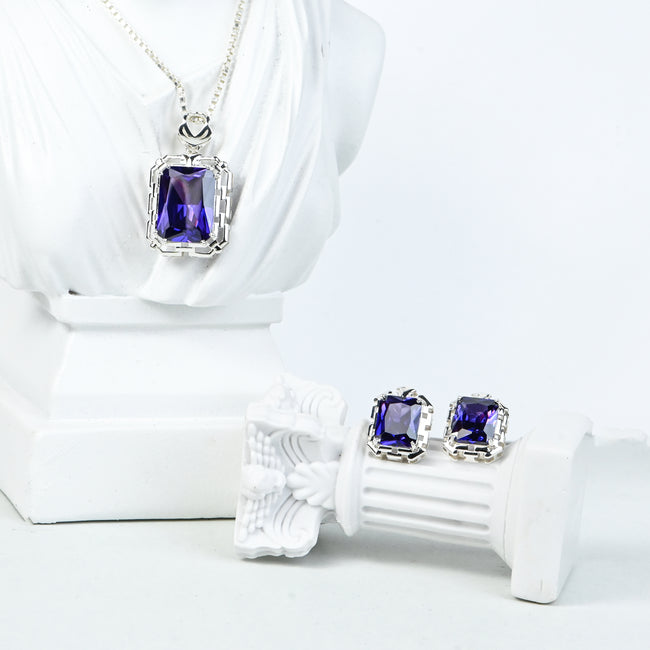 Radiant Cut Cubic Zirconia Pendant and Earrings Set for Her, Minimalist Elegant Jewelry Gift for Women Hover Image