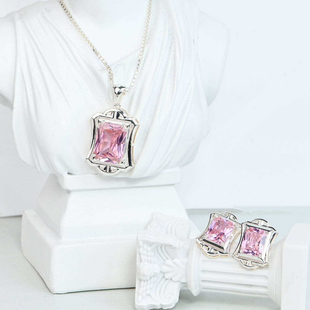 Pink Cubic Zirconia Pendant and Earrings Set for Her, Minimalist Elegant Jewelry Gift for Women