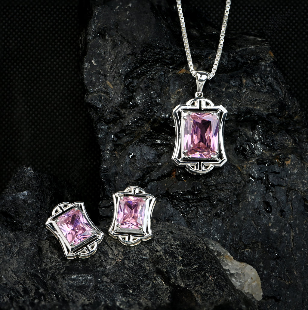 Pink Cubic Zirconia Pendant and Earrings Set for Her, Minimalist Elegant Jewelry Gift for Women
