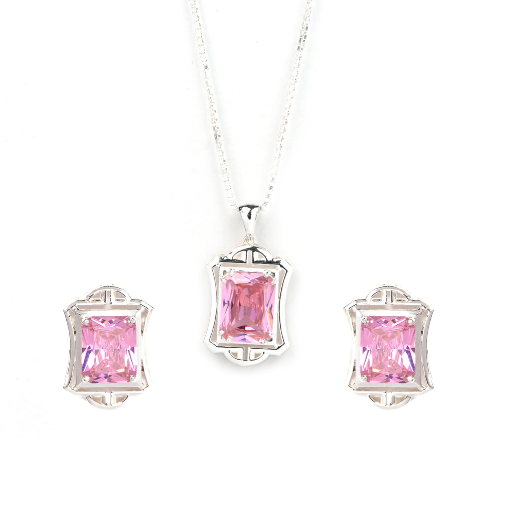 Pink Cubic Zirconia Pendant and Earrings Set for Her, Minimalist Elegant Jewelry Gift for Women