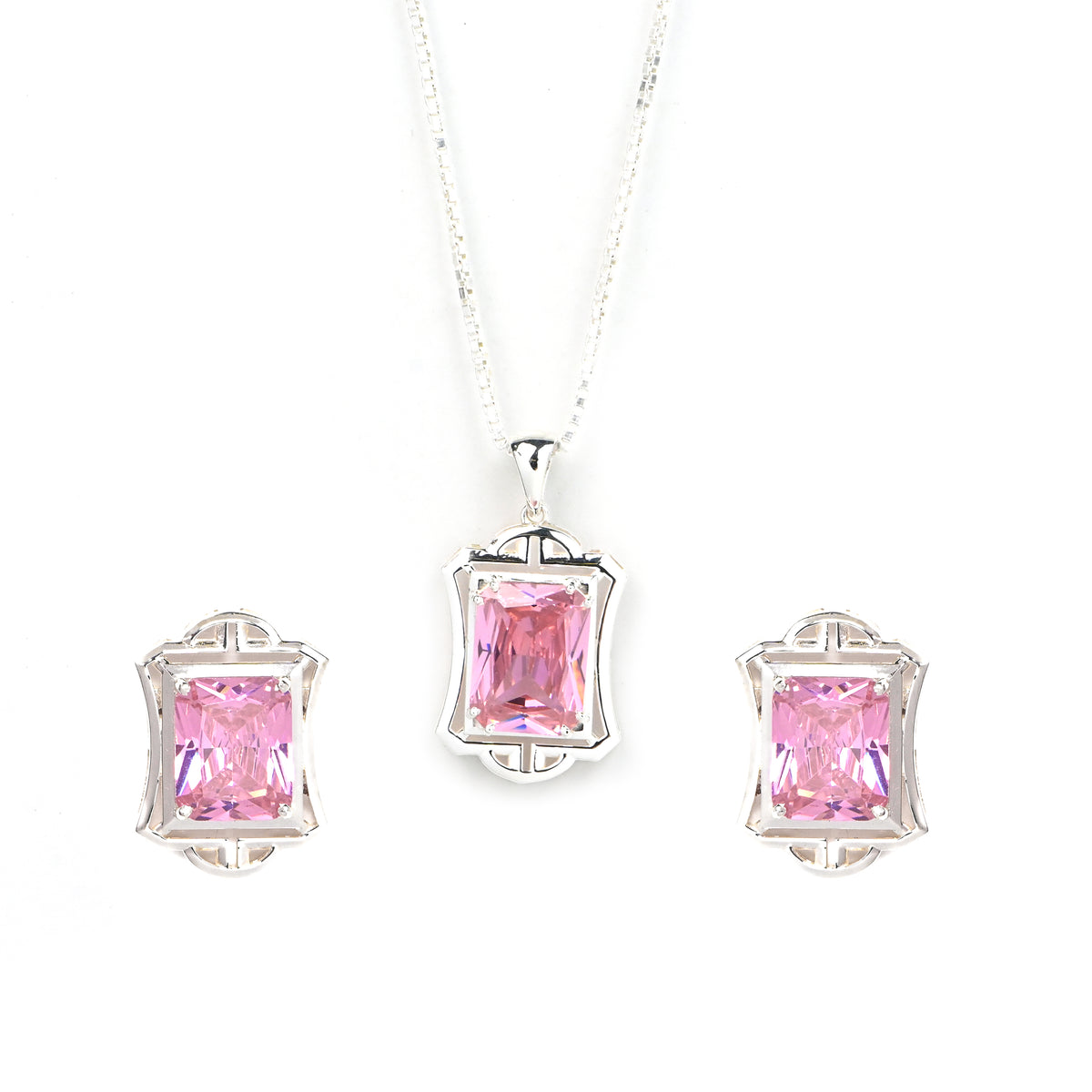 Pink Cubic Zirconia Pendant and Earrings Set for Her, Minimalist Elegant Jewelry Gift for Women