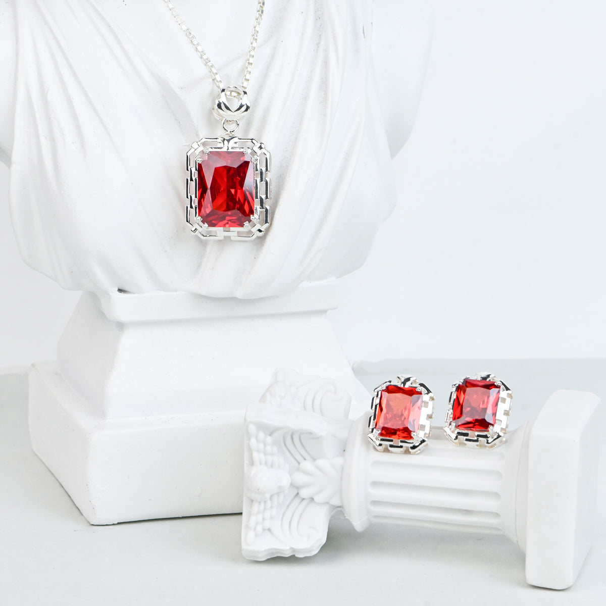 High Grade Ruby Cubic Zirconia Pendant and Earrings Set for Her, Elegant Jewelry