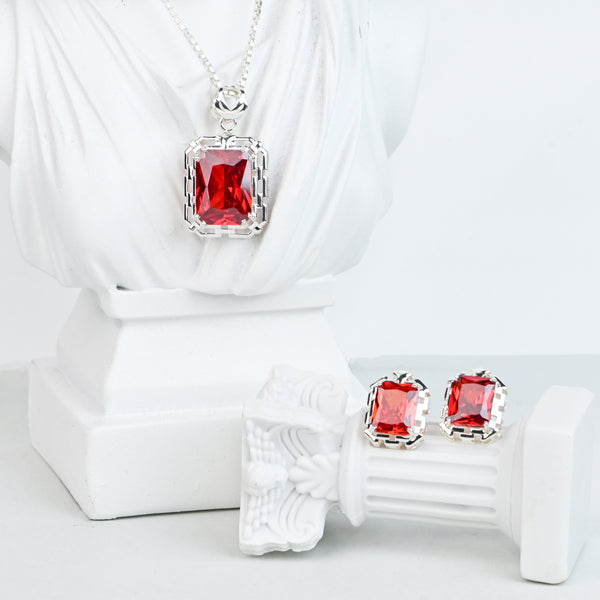 High Grade Ruby Cubic Zirconia Pendant and Earrings Set for Her, Elegant Jewelry