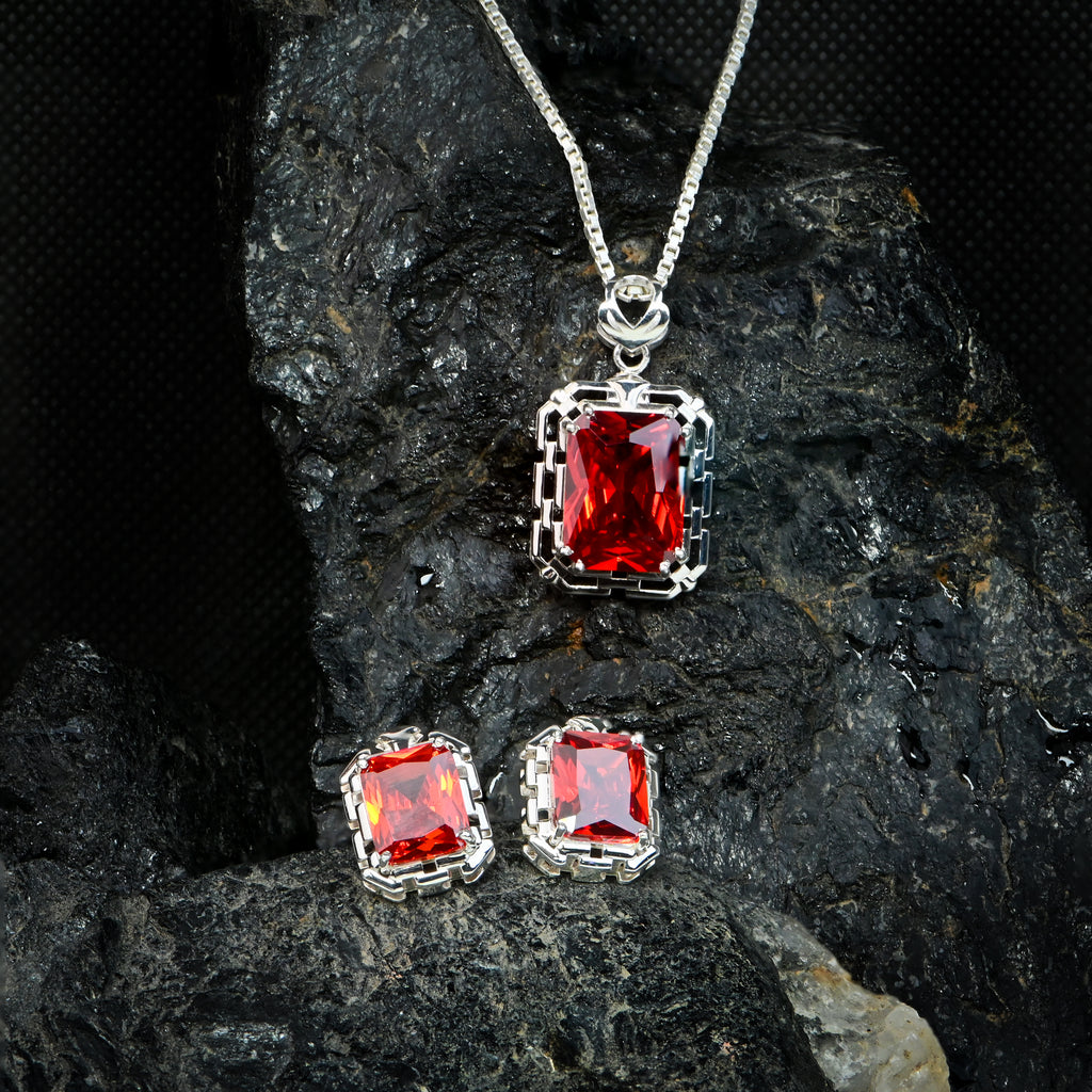 High Grade Ruby Cubic Zirconia Pendant and Earrings Set for Her, Elegant Jewelry