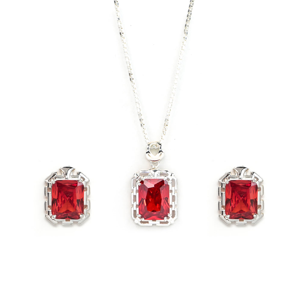 High Grade Ruby Cubic Zirconia Pendant and Earrings Set for Her, Elegant Jewelry