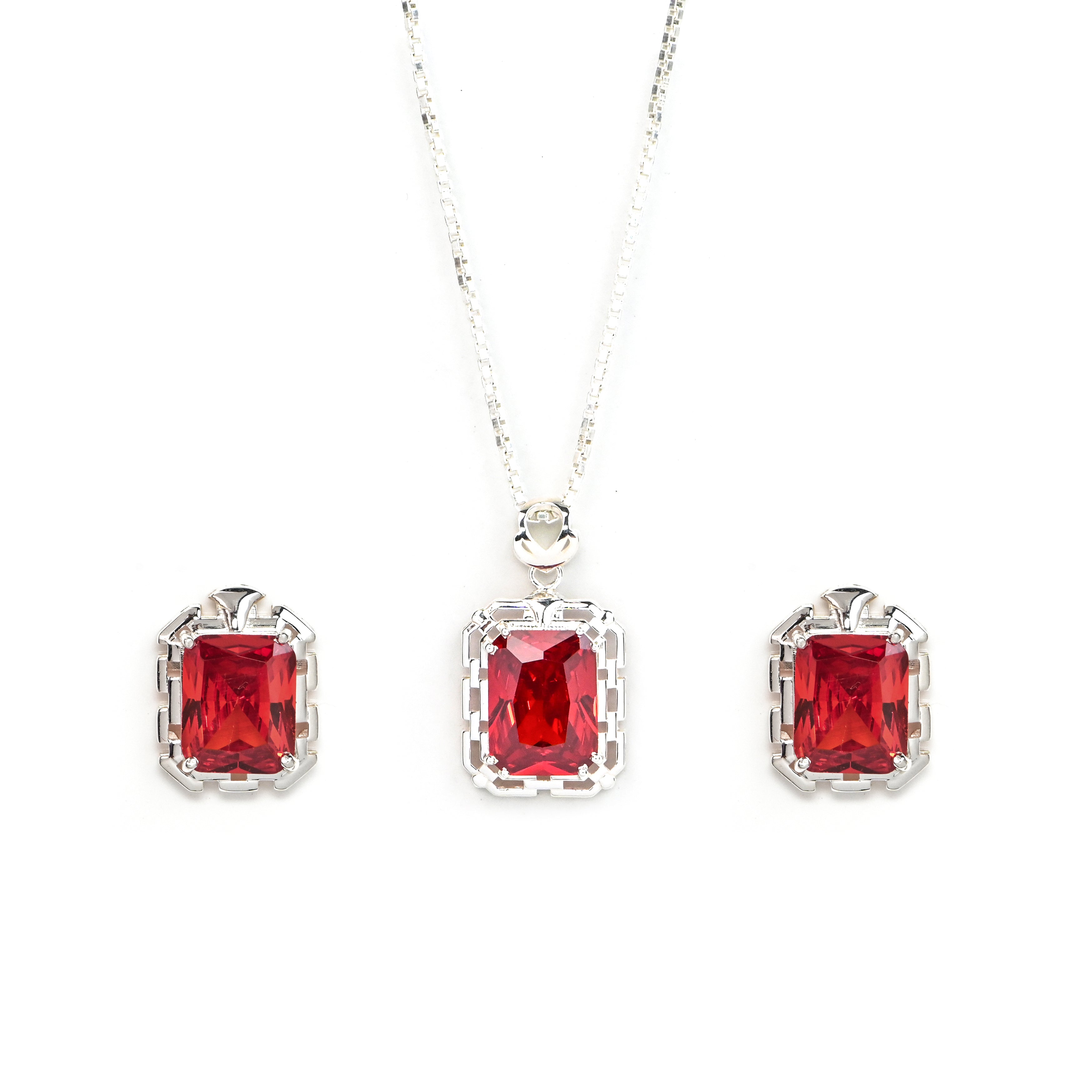 High Grade Ruby Cubic Zirconia Pendant and Earrings Set for Her, Elegant Jewelry